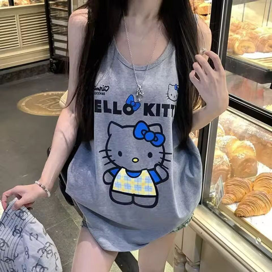 Cartoon Vest T-Shirt Hello Kitty Women Cute Sanrio Anime Summer Retro Sleeveless Tops Cartoon Hot Girls Loose Leisure Tops