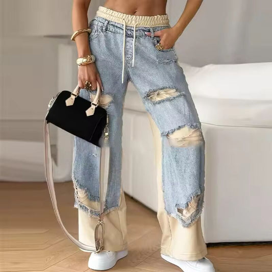 Vintage Denim Splicing Sweatpants Women Clothing Hip Hop Hole Joggers Women Casual Loose Streetwear Women Pants Trousers