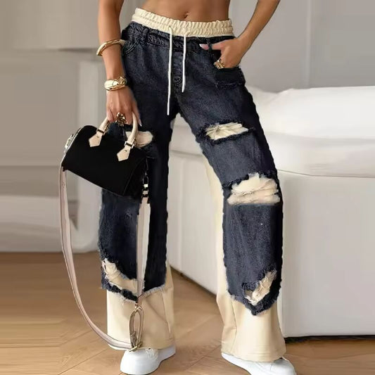 Vintage Denim Splicing Sweatpants Women Clothing Hip Hop Hole Joggers Women Casual Loose Streetwear Women Pants Trousers